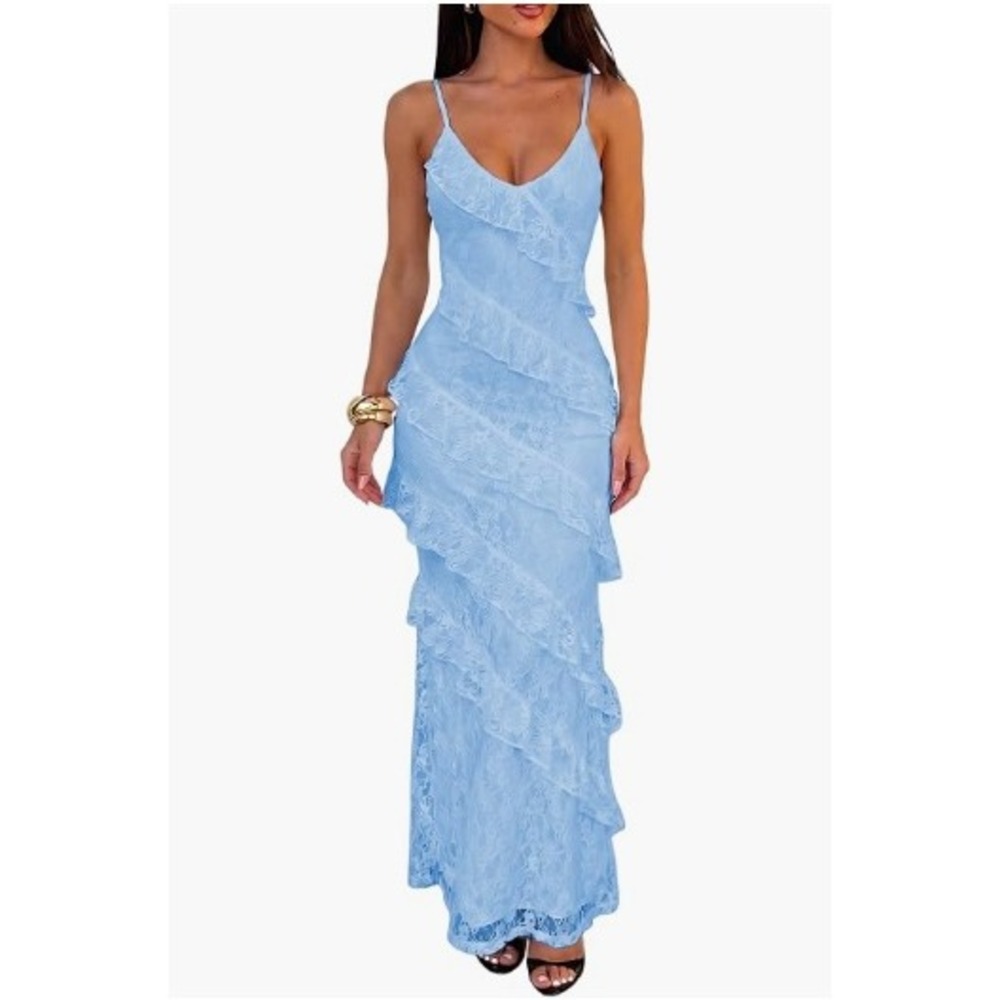 Light Blue Floral Lace Tiered Ruffle Maxi Dress V-Neck Spaghetti Strap Large